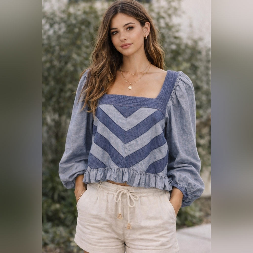 Love The Label Modern Boho Denim Smocked Peasant Top, Large